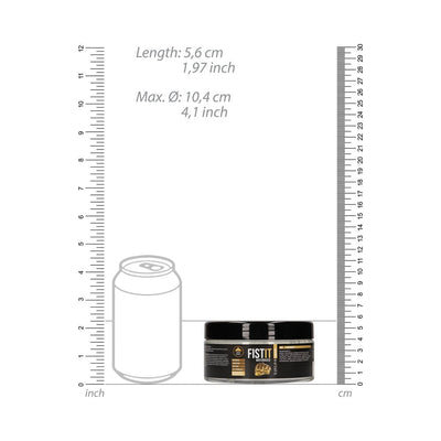 Fist It water-based lubricant in a black 10 oz jar shown next to size comparison with a soda can and measurement scales.