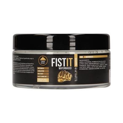 Fist It water-based lubricant in a clear jar with black lid, featuring gold and black label and fist logo, 10 oz.
