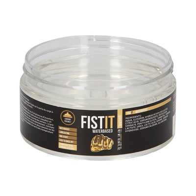 Open clear jar of Fist It water-based lubricant with black and gold label showing product details and ingredients.
