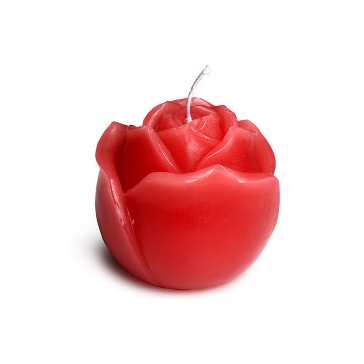 Red rose-shaped candle with a single wick, designed for decorative and sensory wax play.