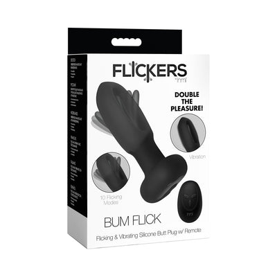 Packaging of Flickers Bum Flick Black, a flicking and vibrating silicone butt plug with remote control shown on front.
