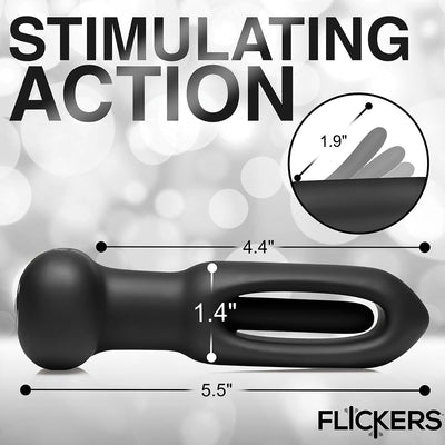 Black silicone Flickers Bum Flick plug with dimensions and stimulating flicking action illustration.
