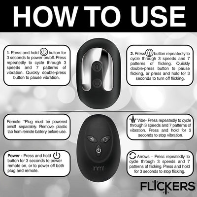 Instructional image showing how to use the Flickers Bum Flick Black plug and remote with button controls for power, vibration, and flicking modes.