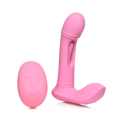 Pink silicone G-Flick G-Spot vibrator with flicking arm and matching remote control on white background.