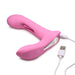 Pink G-Flick G-Spot vibrator with flicking arm and USB charging cable on white background.