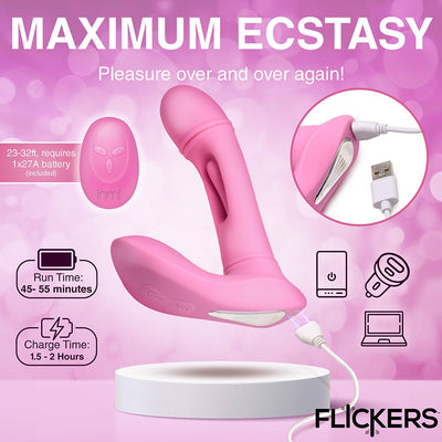 Pink G-Flick G-Spot vibrator with remote control, USB charging cable, and 45-55 minute run time on white pedestal.