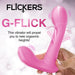 Hand holding a pink G-Flick G-Spot vibrator with motion arrows indicating flicking and vibrating features.