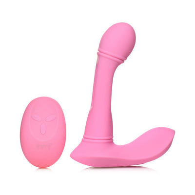 Pink G-Flick G-Spot vibrator with curved flicking arm and matching remote control on white background.