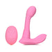 Pink G-Flick G-Spot vibrator with curved flicking arm and matching remote control on white background.