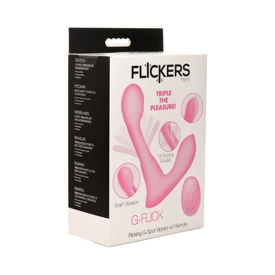 Packaging box of Flickers G-Flick pink flicking G-spot vibrator with remote, highlighting 12 flicking modes and shaft vibration features.