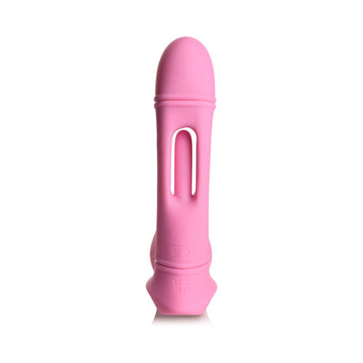 Pink silicone G-Flick G-Spot vibrator with a flicking arm and ergonomic design, shown upright on a white background.