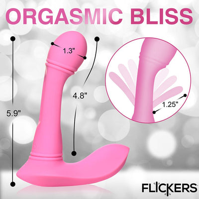 Pink G-Flick G-Spot vibrator with curved flicking arm, showing dimensions and flexible motion illustration.