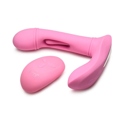 Pink silicone G-Flick G-Spot vibrator with curved design and matching wireless remote control on white background.