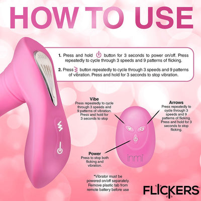 Pink G-Flick G-Spot vibrator with labeled remote control buttons and usage instructions on a soft pink background.
