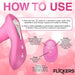 Pink G-Flick G-Spot vibrator with labeled remote control buttons and usage instructions on a soft pink background.