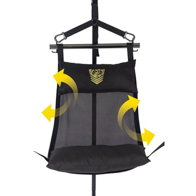 Black Fort Troff Hammock Hangar Sling with mesh center, padded headrest and seat cushion, shown on metal frame with yellow motion arrows.