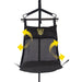 Black Fort Troff Hammock Hangar Sling with mesh center, padded headrest and seat cushion, shown on metal frame with yellow motion arrows.