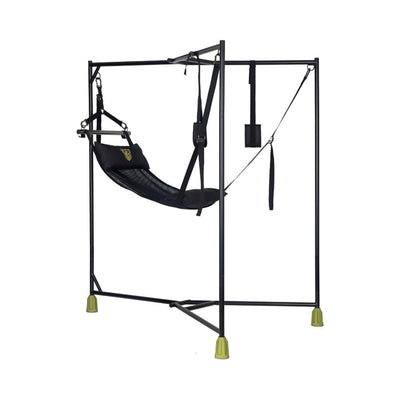 Black Fort Troff Hammock Hangar sling with adjustable straps and mesh hammock on a sturdy metal frame with green foot grips.