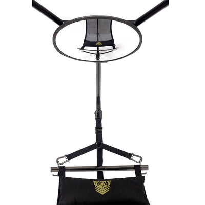 Black Fort Troff Hammock Hangar sling with mesh fabric, adjustable straps, and padded pillows on a sturdy metal frame.