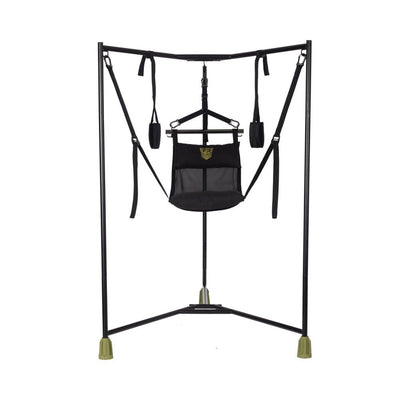 Black Fort Troff Hammock Hangar sling with adjustable straps and padded support on a sturdy tripod frame with green foot grips.
