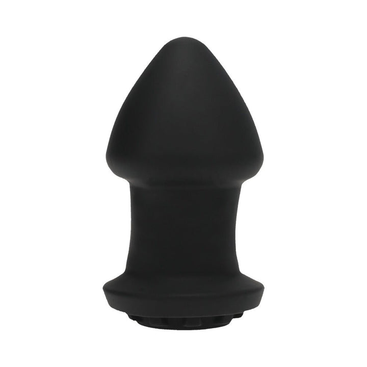 Black silicone vibrating plug with tapered head and wide base, designed for dual stimulation and remote control use.