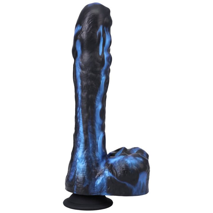 Black and blue textured silicone dildo with suction cup base, standing upright on white background.