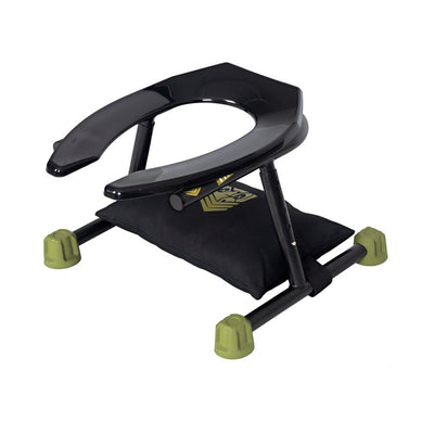 Black industrial-style open toilet seat with adjustable legs, green silicone feet, and a padded nylon cushion underneath.