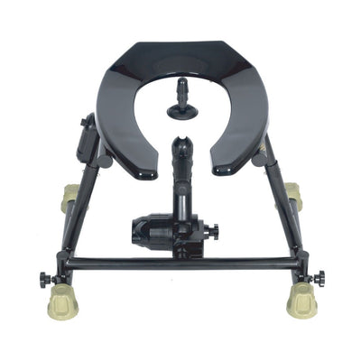Black industrial-style adjustable frame with open-end toilet seat and attached attachments on grippy silicone feet.