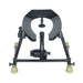 Black industrial-style adjustable frame with open-end toilet seat and attached attachments on grippy silicone feet.