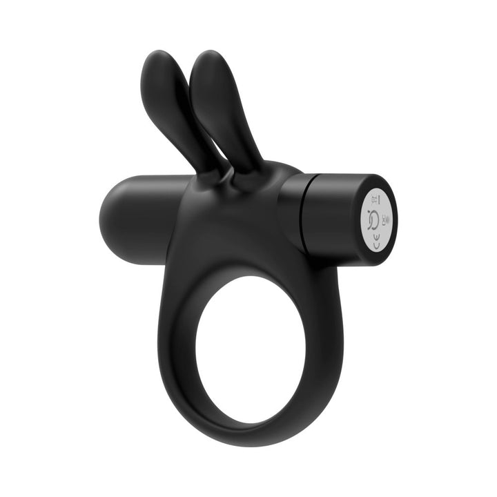 Black silicone vibrating cockring with dual rabbit ear stimulator and USB rechargeable motor.