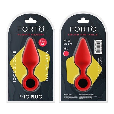 Red silicone FORTO F-10 medium-sized plug with pull ring, displayed in front and back retail packaging.