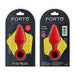 Red silicone FORTO F-10 medium-sized plug with pull ring, displayed in front and back retail packaging.
