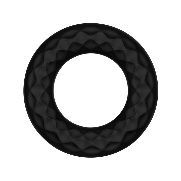 Black silicone vibrating cock ring with textured surface and circular design.