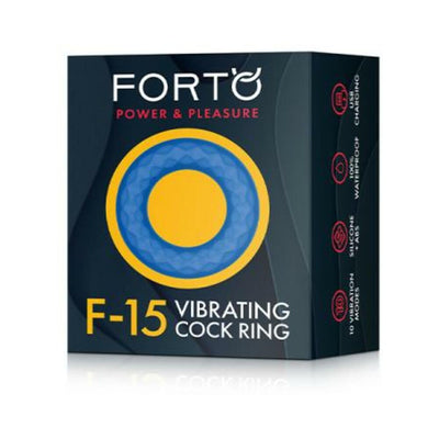 Packaging of Forto F-15 silicone vibrating cock ring with 10 vibration modes and USB rechargeable features.