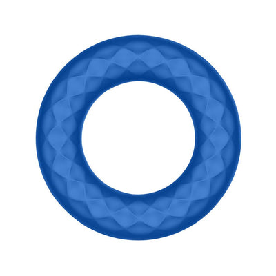 Blue silicone vibrating cock ring with textured surface and circular design.