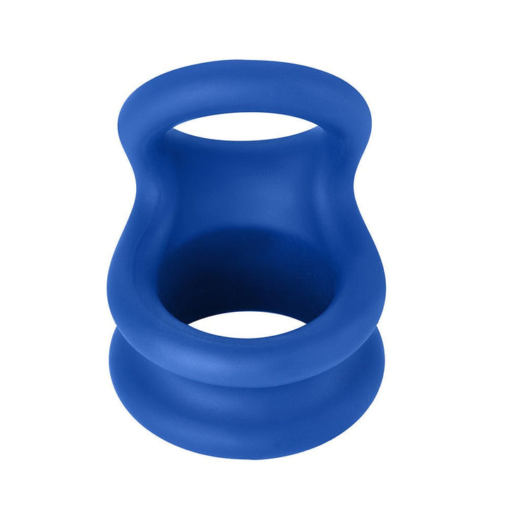 Blue flexible liquid silicone balls stretcher and cock ring with smooth texture and ergonomic design.