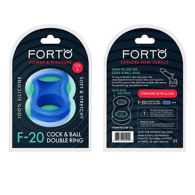Packaging of Forto F-20 blue double silicone cock and ball ring, size large, showing front and back details.