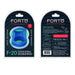 Packaging of Forto F-20 blue double silicone cock and ball ring, size large, showing front and back details.