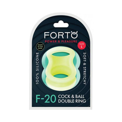 Forto F-20 glow-in-the-dark soft and stretchy double ring in packaging, made of 100% silicone, size large.