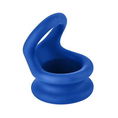 Blue flexible silicone balls stretcher with ergonomic loop handle and ribbed base design.
