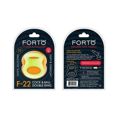 Front and back packaging of Forto F-22 double ring soft stretchable silicone accessory in glow-in-the-dark yellow.