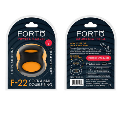 Packaging of Forto F-22 double ring cock and ball ring in black 100% silicone, size large with usage instructions.