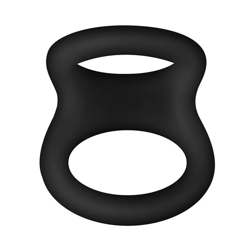 Black double ring cock ring made of smooth liquid silicone with flexible design.