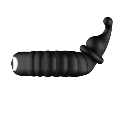 Black silicone textured vibrating cock ring with ribbed design and curved tip for targeted stimulation.