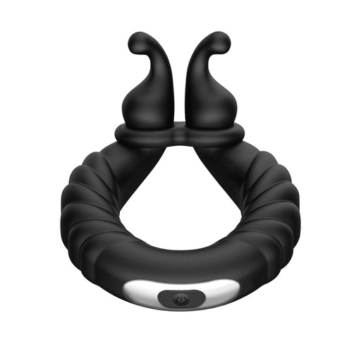 Black silicone textured vibrating cock ring with dual stimulation arms and power button on front panel.
