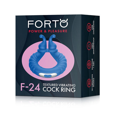 Packaging box of Forto F-24 silicone textured vibrating cock ring in blue with USB charging and waterproof features.