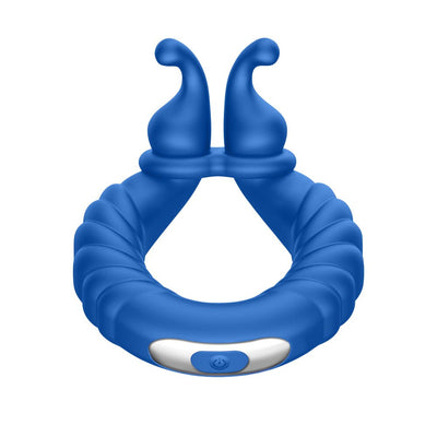 Blue silicone textured vibrating cock ring with dual stimulation points and power button detail.