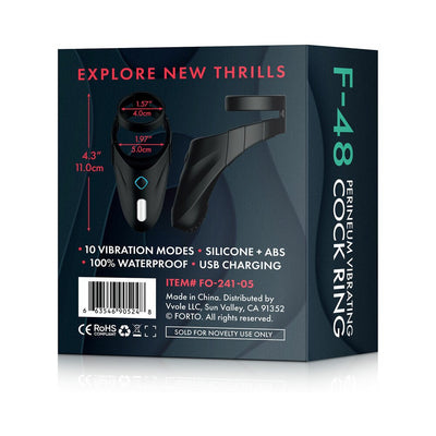 Packaging box of Forto F-48 silicone vibrating double cockring with product dimensions and key features listed.