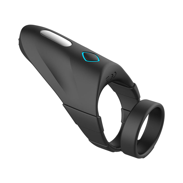 Black silicone vibrating double cockring with ergonomic design and control button.