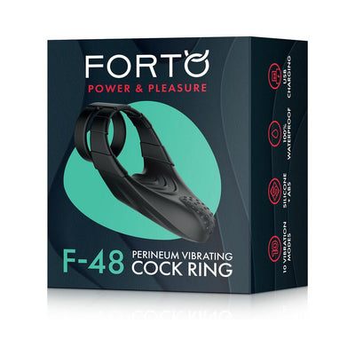 Packaging of Forto F-48 black silicone perineum vibrating double cock ring with product features highlighted.